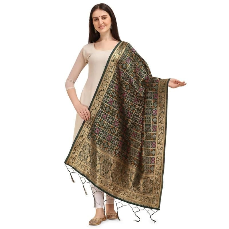 Women's Silk Pure weaving Work Duppatta (Green, Leangth: 2-2.3 Mtrs)-PID44946