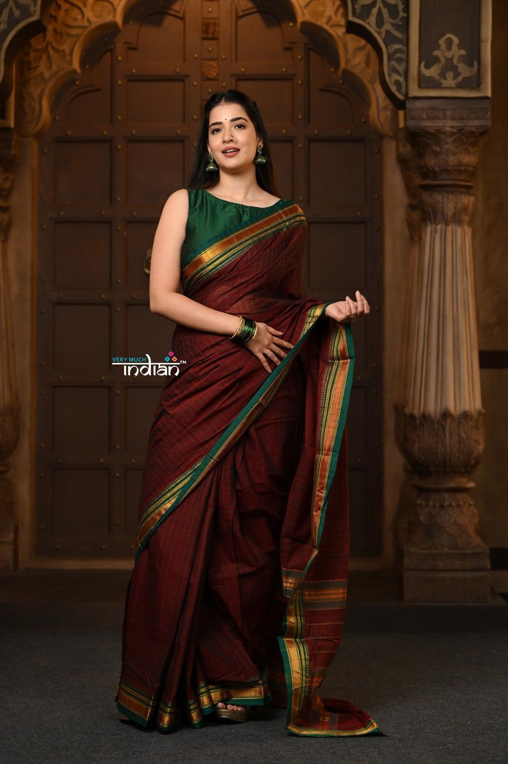 Parampara ~ Pure Cotton Saree in Regal Dark Brown with Zari Border & Pallu
