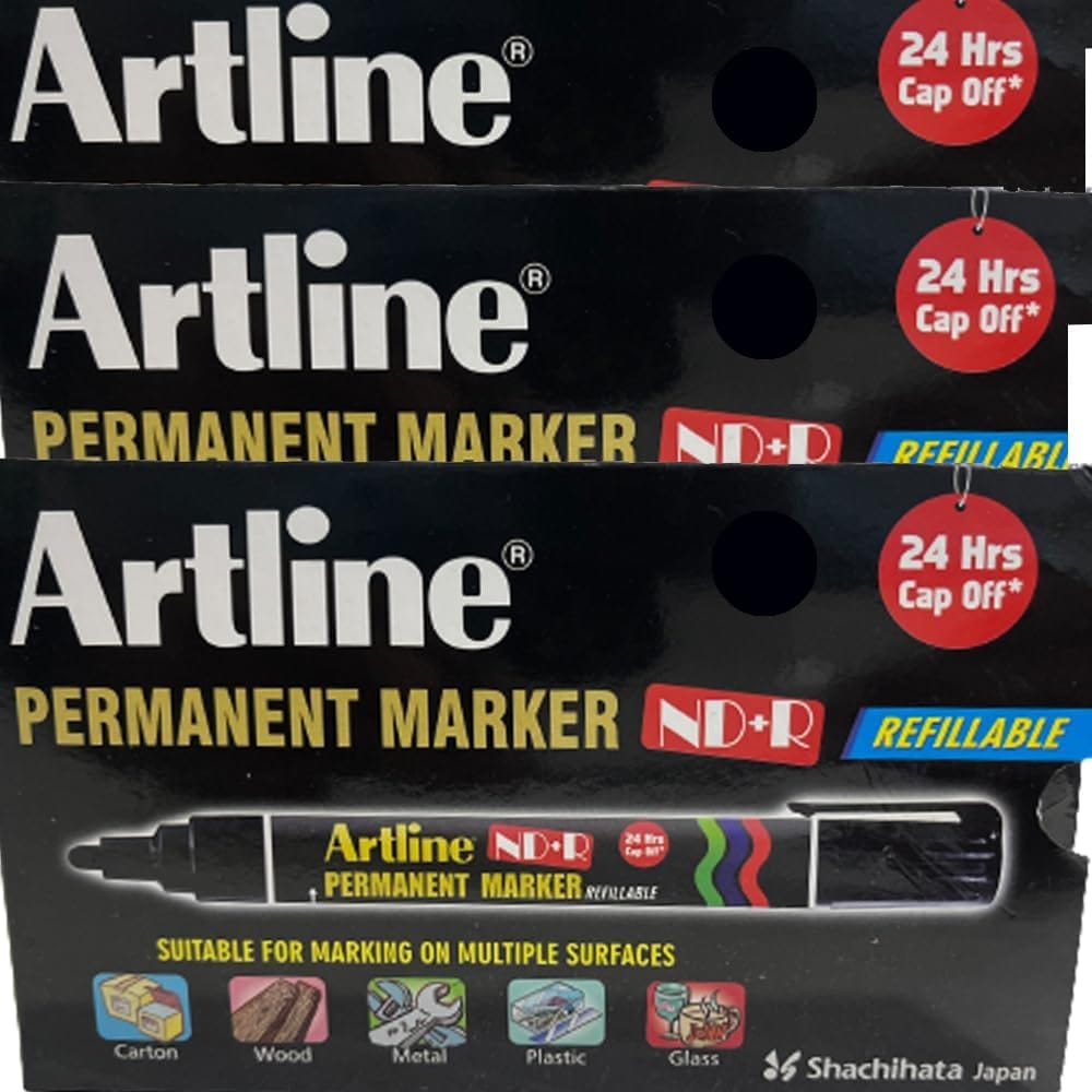 Artline ND + R Permanent Marker Pack of 10 (Black Colours) X 3 Packs | For 24 HRS Without Drying Out