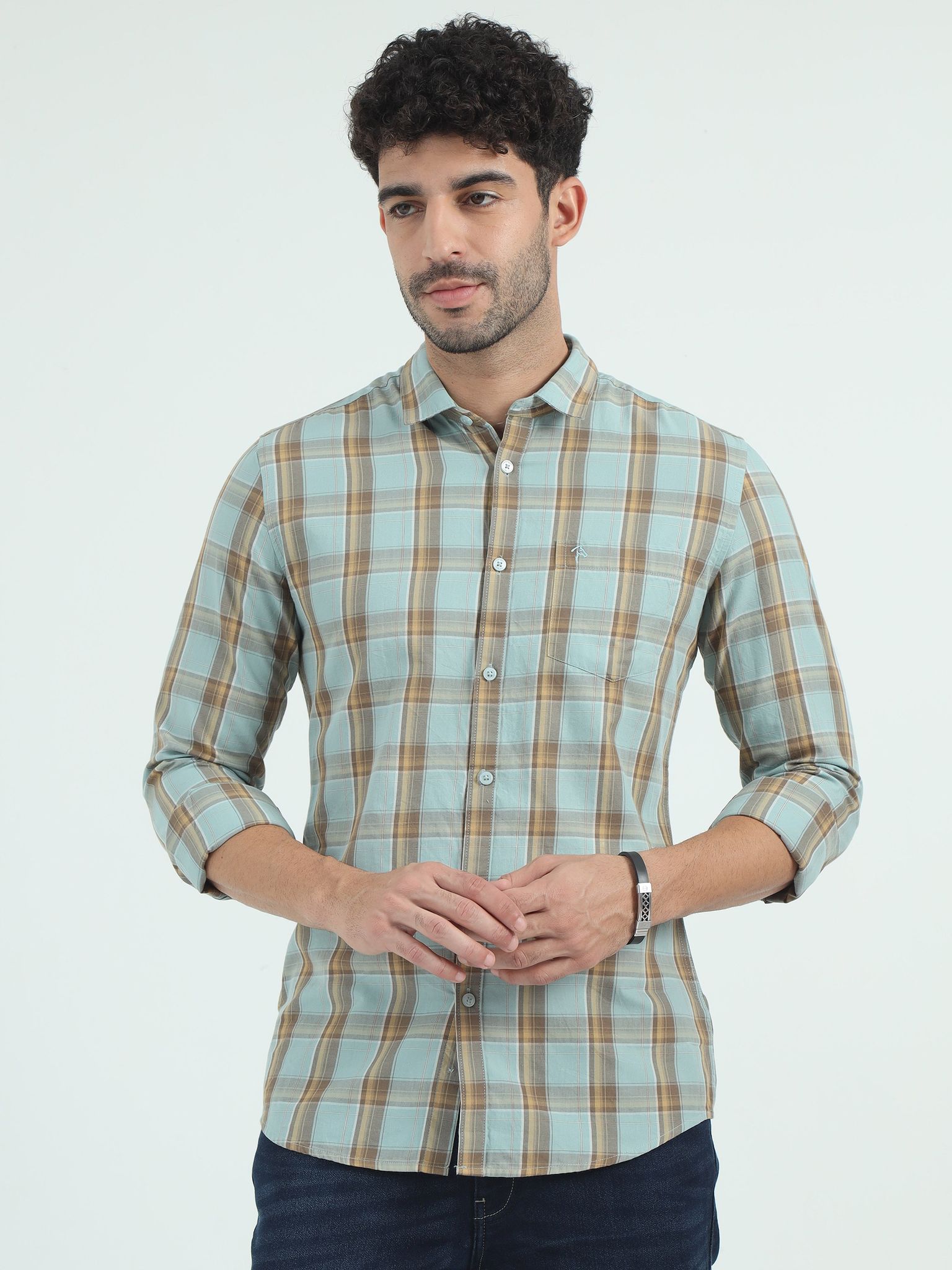 CP BRO Men's Polo Neck Cotton Green Slim Fit Checked Shirt | SBO2-47A-FS-CHK-BSL