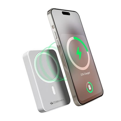 ZEBRONICS MW63 Wireless Power Bank, 10000 mAh, Rapid Charge, Magsafe, Outputs - 20W Wired | 15W Wireless, Type C PD, Built in Protections, LED Indicator, Compatible with iPhone, Made in India