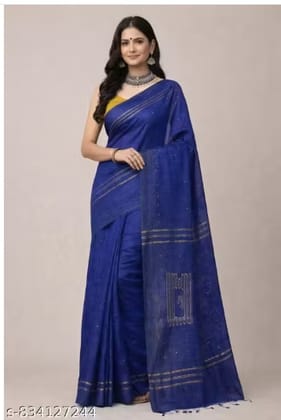 Royal Blue Handloom Cotton-Blend Jamdani Saree with Gold Zari Geometric Motifs & Stripes