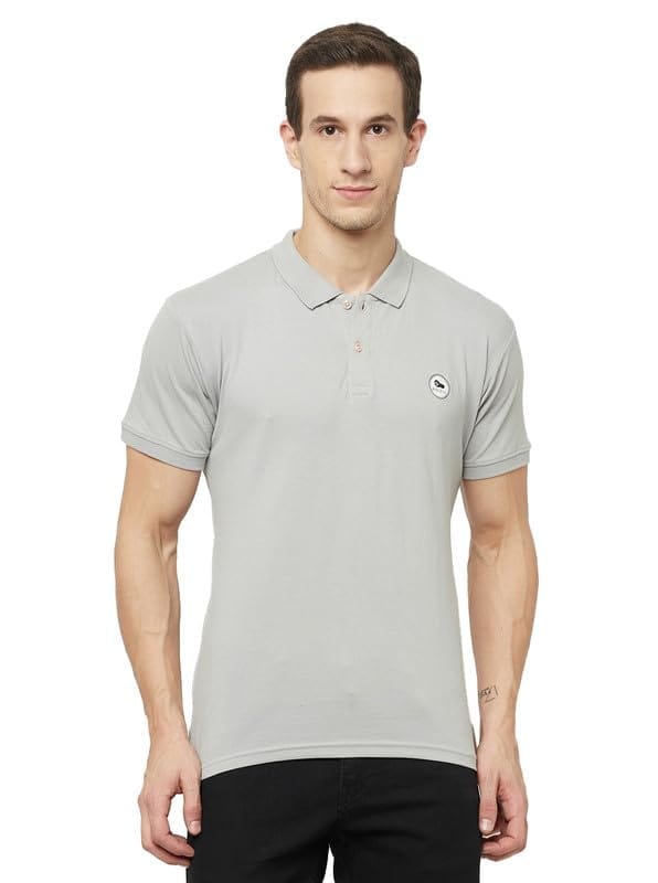 Men's Casual Solid Cotton Blend Polo Neck T-Shirt (Grey, M)-PID47774