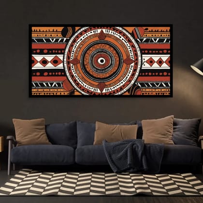 Luminary Earth Mandala – Tribal Harmony Museum-Quality Cotton Canvas Art for Living Room Décor | Frame Size (127 X 69 Cm) | Frame Type (Black) | 5-Year Warranty