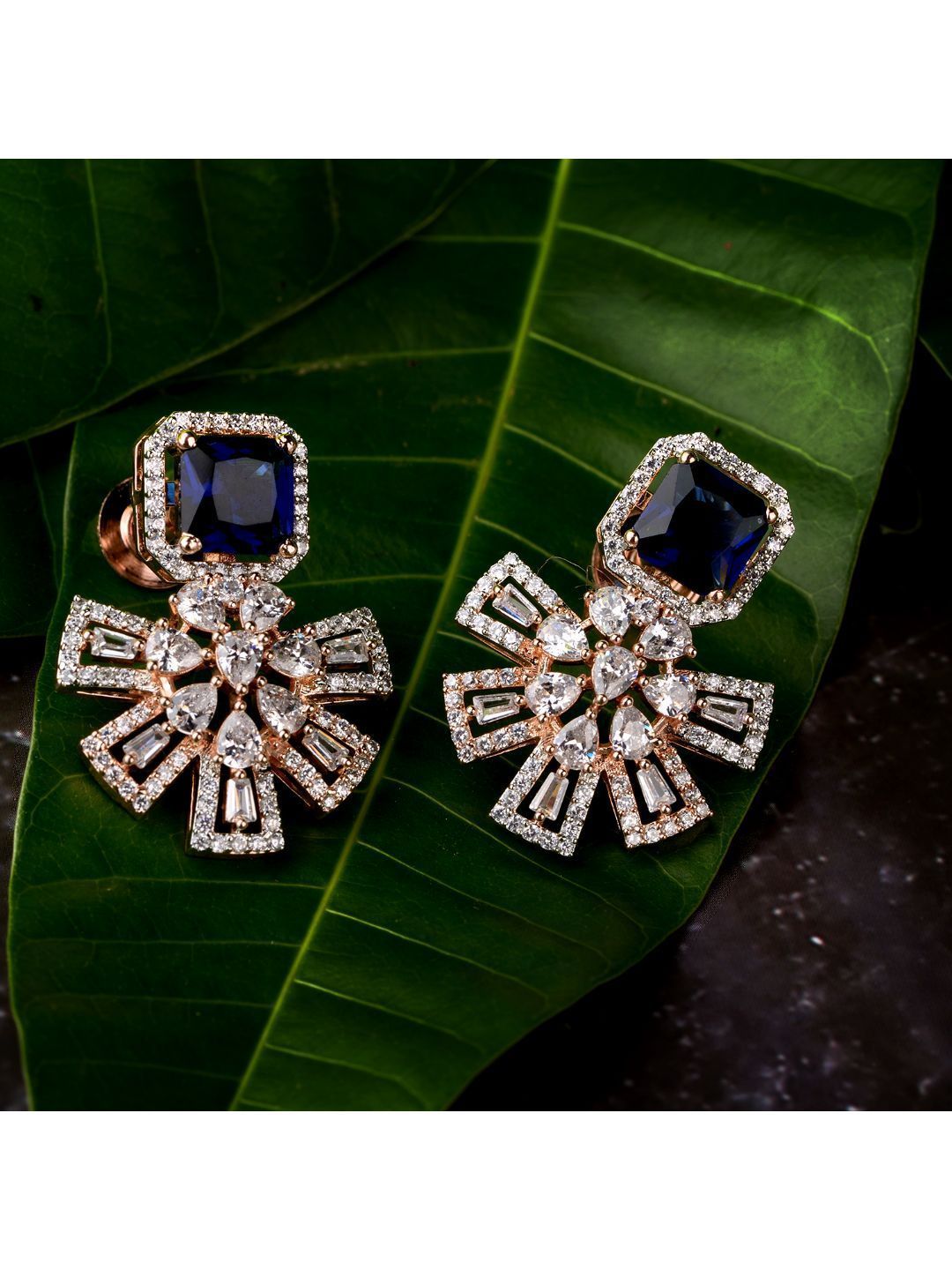 Exquisite Sapphire Floral design blue earrings Rose gold plated AD studded
