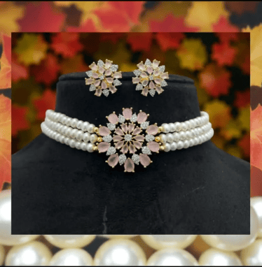 White Three Layer Pearl Choker Set With Studded Stones For Women