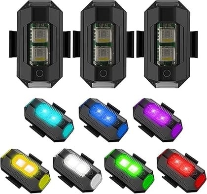 CarFrill 7-Color LED Aircraft Strobe Lights (3 Pcs) | USB Rechargeable Drone & Motorcycle Signal Lights | Lightweight 6.5g Flashing Navigation Lamps for All Models of Drones, Bikes & RC Aircraft