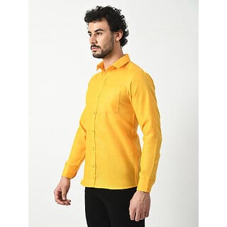 Alokk Men Regular Fit Solid Curved Collar Casual Shirt (Yellow)