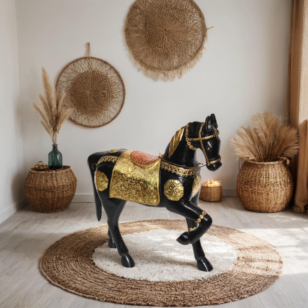 Handcrafted Black Wooden Horse Statue with Gold Accents,for Home Decor