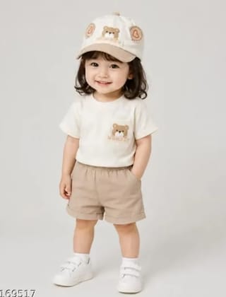 Baby Boys & Girls Cotton Striped Cap with Cute Bear & Ear Design | Soft Breathable Sun Cap Cream