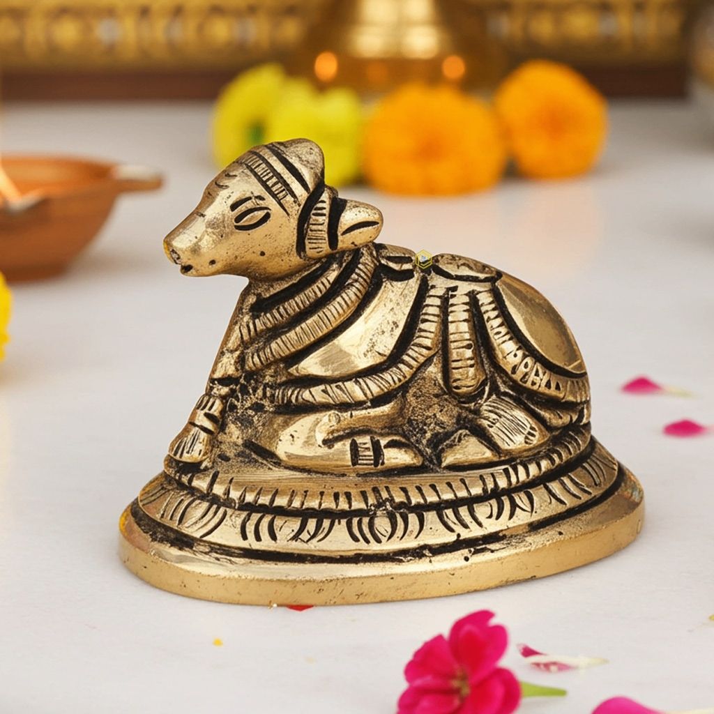 Brass Showpiece Nandi Small Statue - Traditional Puja Showpiece, Height : 2 Inch (BSMAS1291 B)