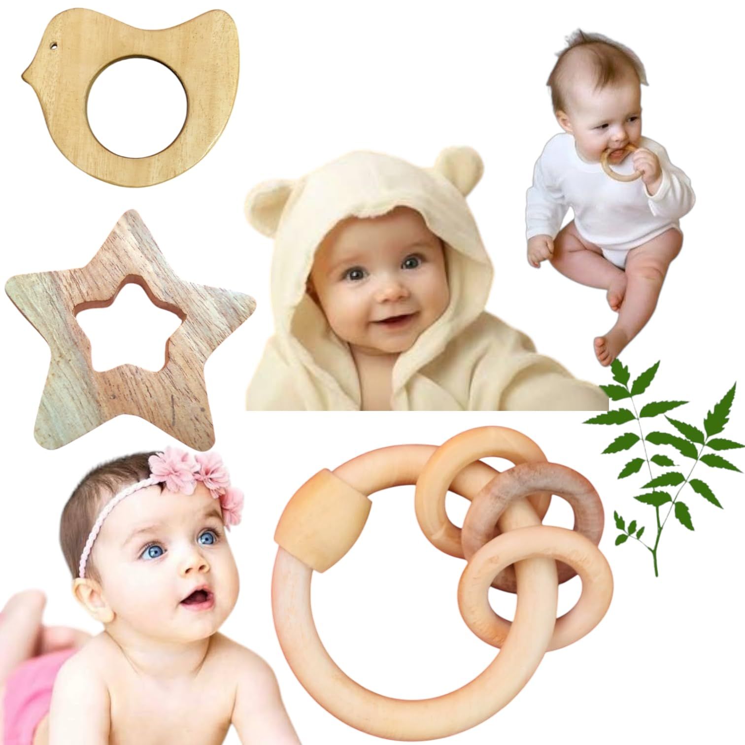 Natural Wooden Baby Rattle and Teething Toy Set with Ring, Bird and Star Designs
