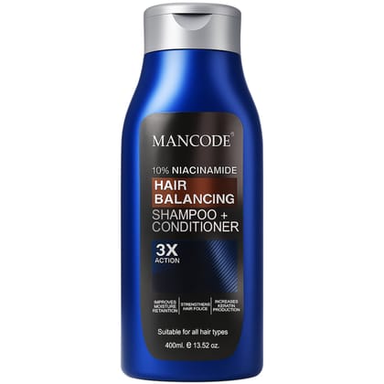 Mancode 10% Niacinamide Hair Balancing Shampoo + Conditioner | Dual Action Formula for Oil Control, Strength & Shine | 400ml | For Men & Women | Reduces Hair Fall & Dandruff Mancode 10% Niacinamide Hair Balancing Shampoo + Conditioner | Dual Mancode 10% Niacinamide Hair Balancing Shampoo + Conditioner | Dual Action Formula for Oil Control, Strength & Shine | 400ml | For Men & Women | Reduces Hair Fall & Dandruff Mancode 10% Niacinamide Hair Balancing Shampoo + Conditioner | Dual