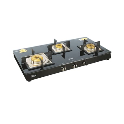 3 Burner Black Glass Gas Stove with High Flame Forged Brass Burner (CT1038SQBLFB) - Manual/Auto Ignition