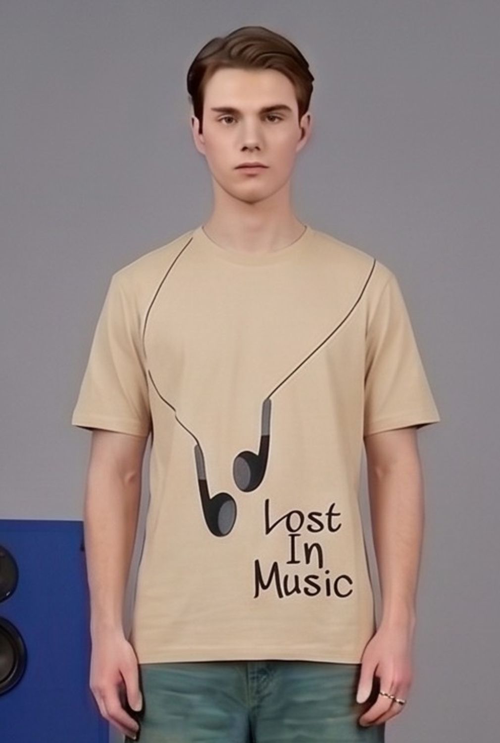 Hue Nox Men's Beige Lost In Music Graphic Regular Fit T-Shirt
