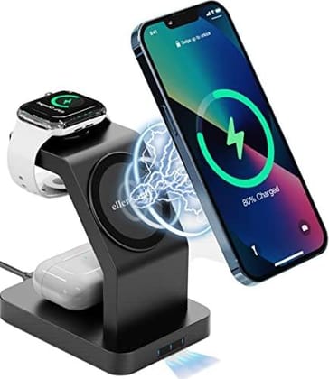 eller santé Wireless Charger 3-in-1 23W Magnetic MagSafe for iPhone 17, 17 Air, 17 Pro, 17 Pro Max, 16, 16 Plus, 16 Pro, 16 Pro Max, 15, 14, 13, 12, AirPods 3rd, 2nd Gen & Series 9, 8, 7, 6, 5, 4, SE - Black