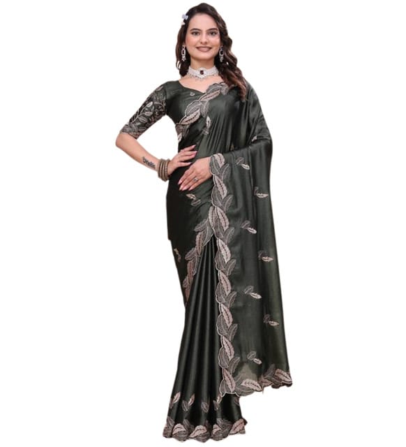 GENERIC Women's Georgette Embroidered Saree With Unstitched Blouse 5.5Mtr (Charcoal Green)-PID67442