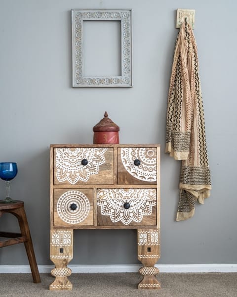 Hand-Carved Bedside Table with 4 Storage Drawers – Boho Natural Finish