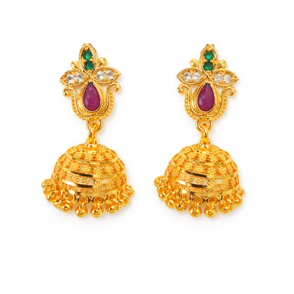 MISHTI CREATIONS Heritage Gold-Plated Jhumka Earrings with Ruby & Emerald Accents