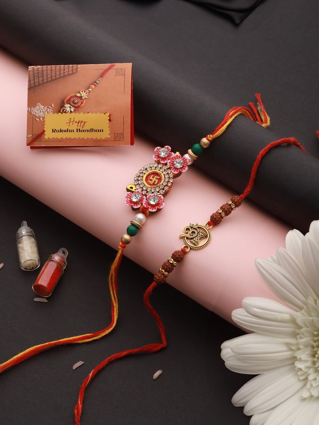 Set Of 2 OM & Swastik  Ethnic Rudraksh Handcrafted Thread  Rakhi With Roli Chawal
