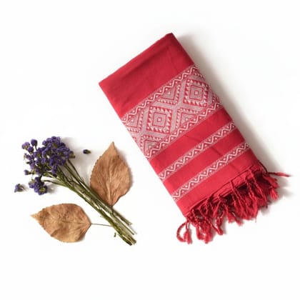 Red Cotton Embroidered Dupatta with Tassels