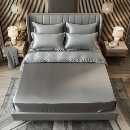 Grey Premium Satin Elastic Fitted Sheets with 2 Pillow Covers Grey Premium Satin Elastic Fitted Sheets with 2 Pillow Covers