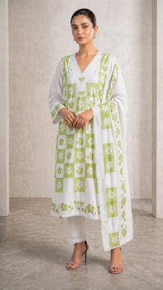 Arkandi Cotton Suit – White & Olive Green Floral Border Design