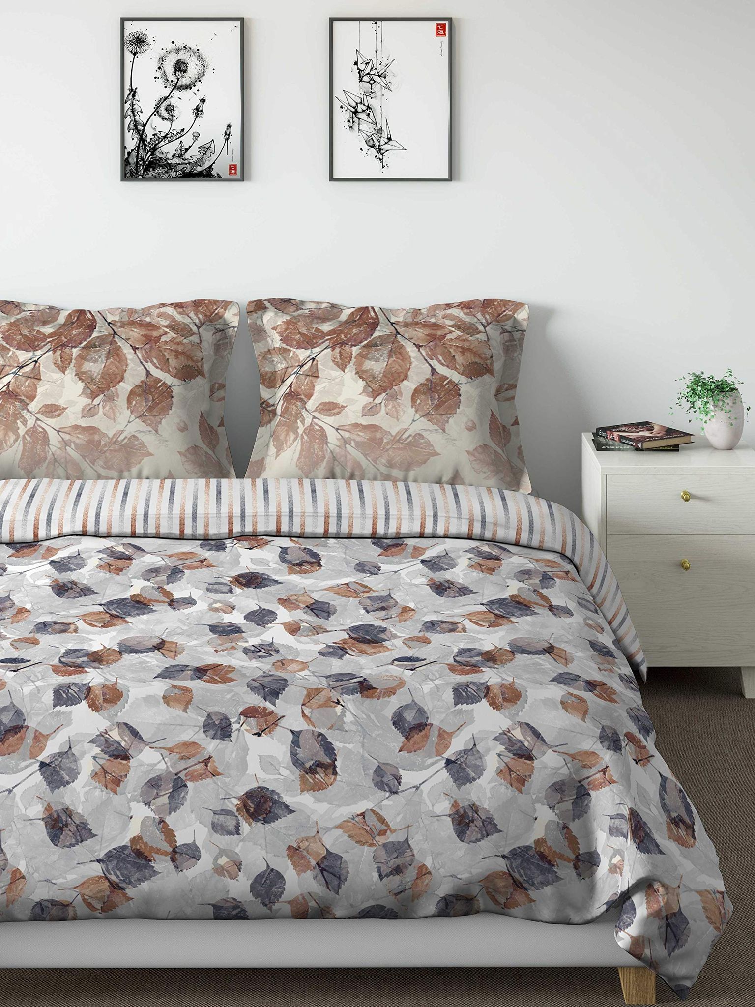 DDECOR - Cherish Collection 100% Cotton Leaves Pattern 150TC Double Coverlet|274 CM X 274 CM| - Brown
