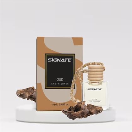 Signate Car Perfume with Natural Fragrance Essential Oils | Car Air Fresheners Long Lasting Upto 90 Days | Hanging Pod in Glass Bottle with Wooden Diffuser Lid  15ml (Oud)