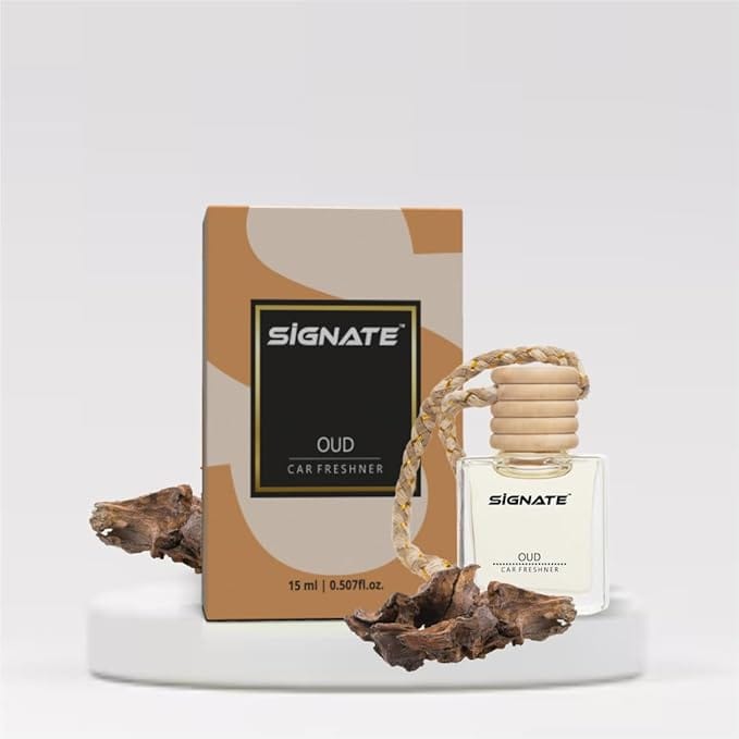 Signate Car Perfume with Natural Fragrance Essential Oils | Car Air Fresheners Long Lasting Upto 90 Days | Hanging Pod in Glass Bottle with Wooden Diffuser Lid  15ml (Oud)