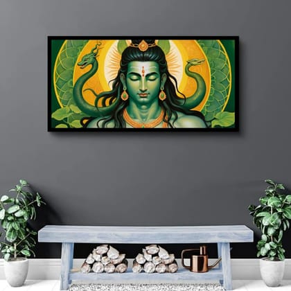 Luminary Emerald Ascendance – Serpentine Shiva Museum-Quality Cotton Canvas Art for Modern Décor | Frame Size (127 X 69 Cm) | Frame Type (Black) | 5-Year Warranty