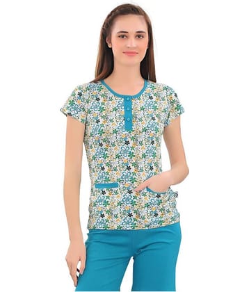 Zebu Women Cotton Printed Regular Fit Round Neck T-Shirt ( Turquoise )