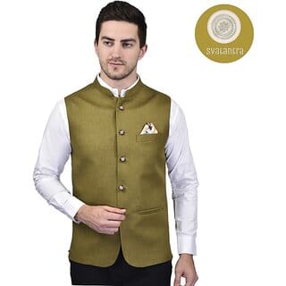 PrintCulture Men Solid Dark Green Cotton Blend Nehru Jacket