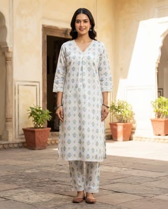 White Base Blue Green Floral Block Print Kurta with Pant