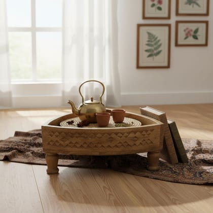 BAANMATA INTERNATIONAL Handicraft Showpiece Triangular Chakki Table,Wooden Carved Grinder Table,Home Decors Lamp Table Cum Coffee Table,Brass Embossed Cocktail Table