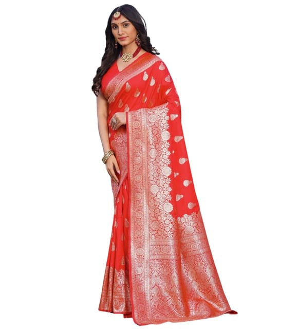 Generic Women's Jacquard Printed Saree with Unstitched Blouse Piece, Soft Lightweight 5.5 m Sari for Daily, Office and Wear (Red, Design 67664)