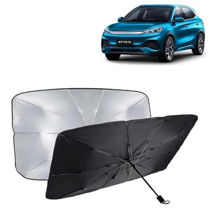 KINGSWAY Car Sun Shade UV Protection Windshield Cover Compatible with BYD ATTO 3, (Year 2022 Onwards), Foldable Size Universal Fit Umbrella Curtain for Front Window, Rear Window, Black, 1 Piece