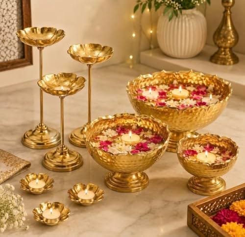 Taj Bowl Hammered Urli Candle Stand with Floating Diya, 9 Pieces Combo, Iron, Silver & Gold Diya Vase Set for