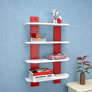 Onlinecrafts Wooden Wall Shelf Wooden Wall Shelf (Number Of Shelves - 4, White, Red)