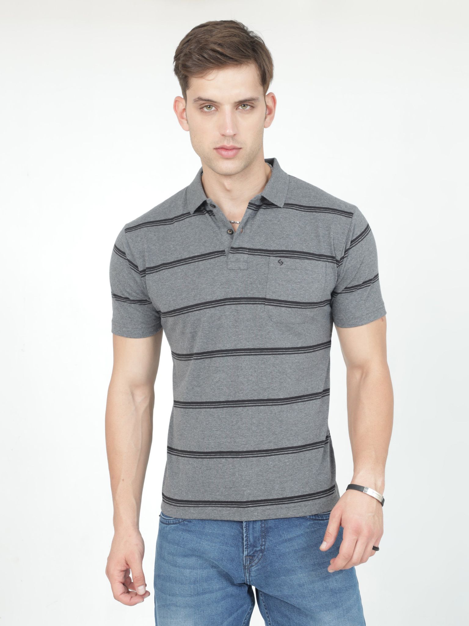 Classic Polo Mens Casual Charcoal Melange Striped Cotton T-Shirt | F-AVON - 117 B AF P