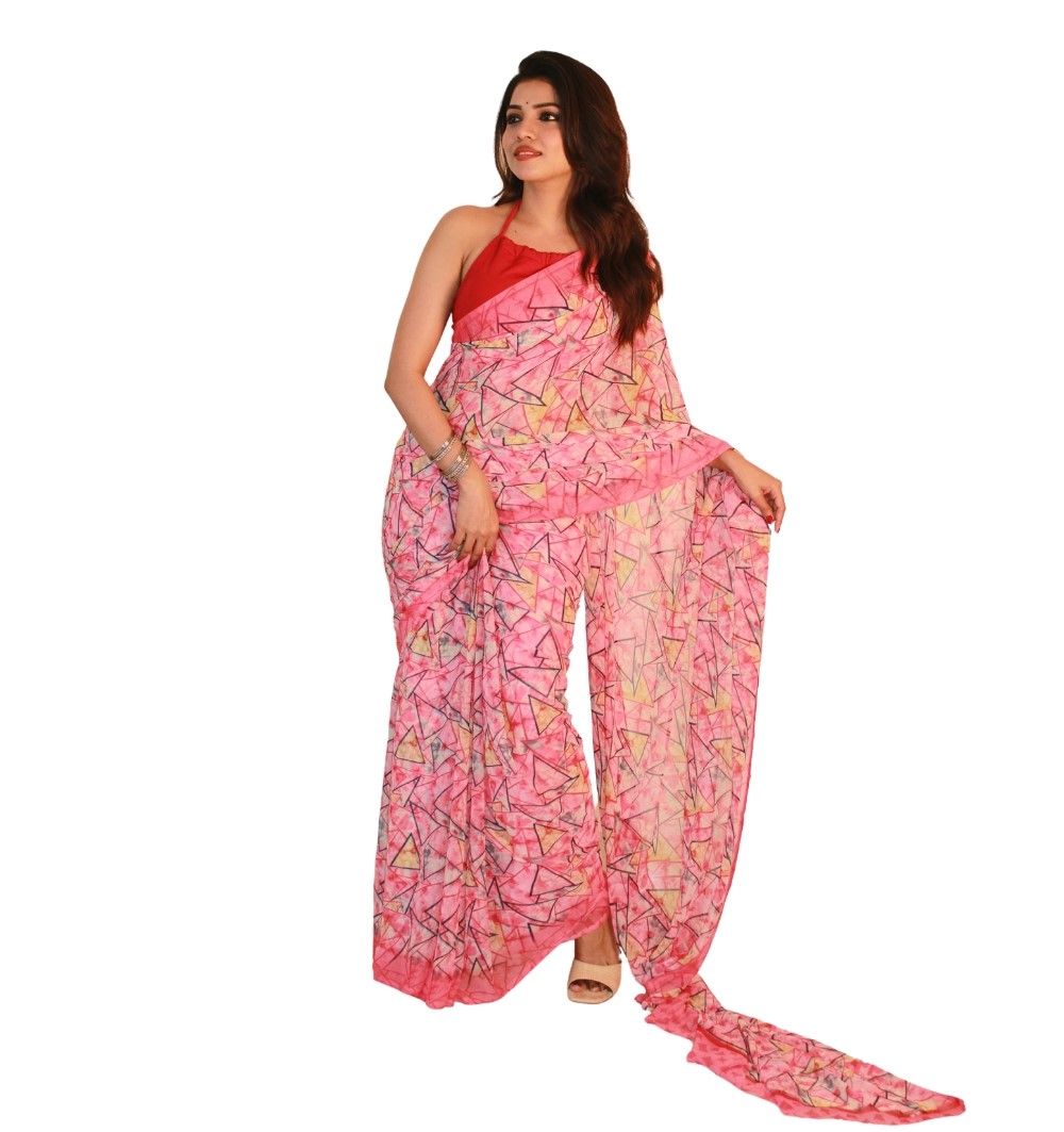 GENERIC Women's Georgette Printed Saree With Unstitched Blouse 5.5Mtr (Pink)-PID67522