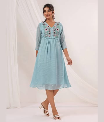 Janasya Women Chiffon Embroidered A-line Dress ( Light Blue )