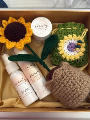 Rareity Handmade Crochet Self-Care Gift Box with Face Mist, Rice Water Face Wash, Crochet Flower, 1 Ittar of Sugandham Classic with Crochet Pouch, Gift Items.