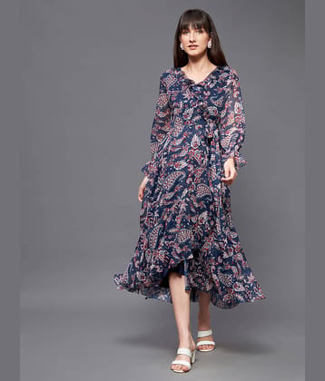 Miss Chase Polyester Printed Midi Women's Wrap Dress - Navy ( Pack of 1 )