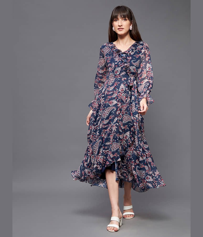 Miss Chase Polyester Printed Midi Women's Wrap Dress - Navy ( Pack of 1 )