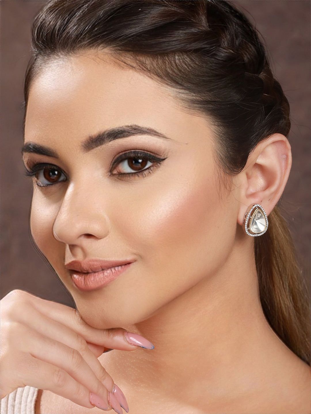 Silver Polish Kundan &CZ Studded Studds Earrings