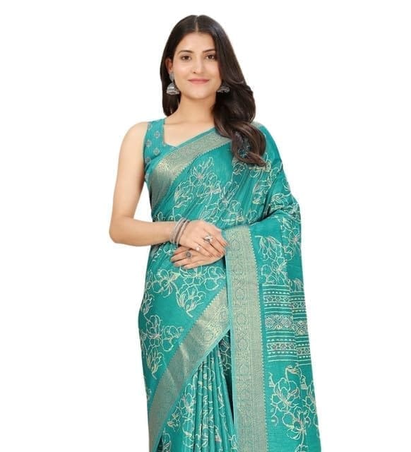 Women's Cotton Silk Floral Printed Saree With Unstitched Blouse 5.5Mtr (Rama)-PID66542