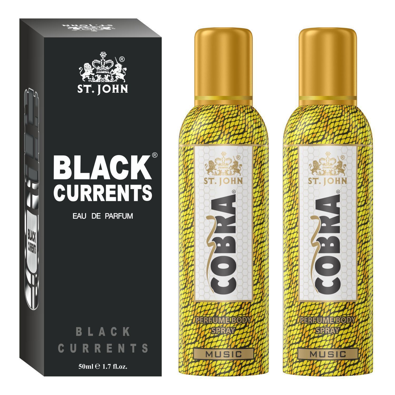 ST-JOHN Cobra Deodrant No Gas Music Pack of 2 100ml each & Black Current 50ml Combo Perfume Body Spray - For Men & Women (250 ml, Pack of 3)