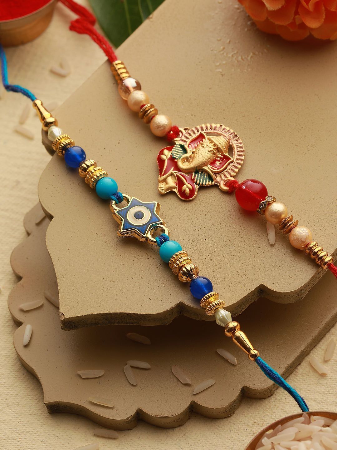 Set Of 2 Evil eye nd Ganesha Rakhi with 10 gram Radhe Krishna round 999 Round Silver Coin