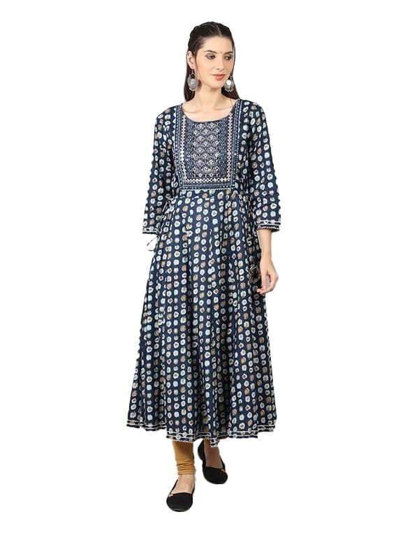 Women's Casual 3/4 Sleeve Cotton Blend Printed Kurti (Dark Blue, M)-PID46397